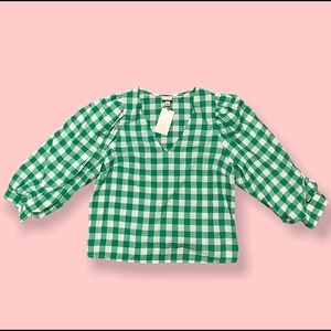 A New Day Green & White Plaid Blouse w/Puff Sleeves
